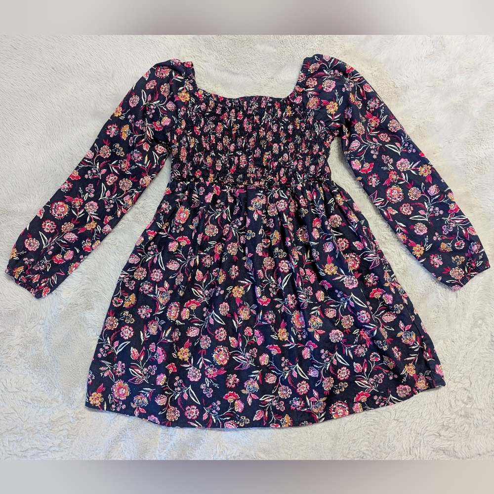 GAP Kids Smocked Navy Floral Long Sleeve Dress Size S (6/6X)